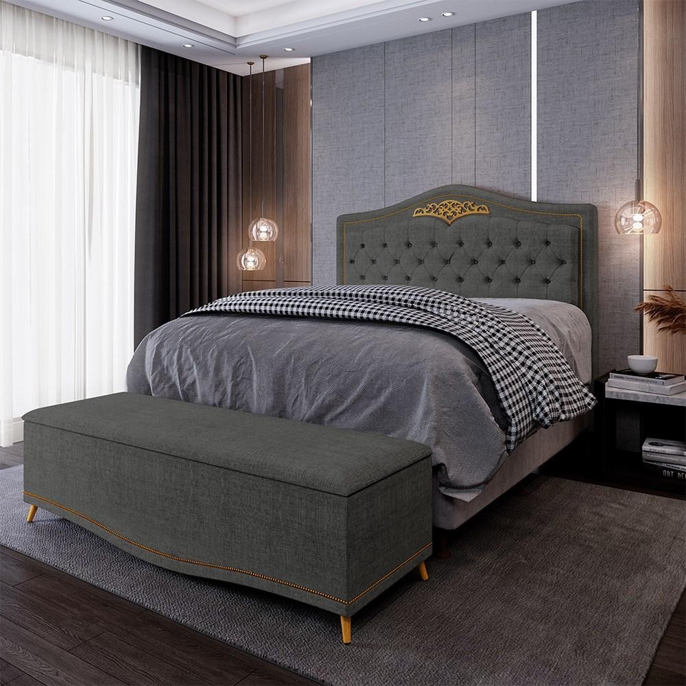 Cabeceira Cama Box Casal Queen 160cm Com Calçadeira Baú Imperial J02 Linho Grafite - Mpozenato