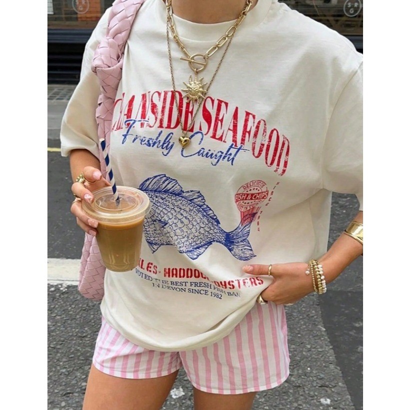 Camiseta Feminina Casual Oceanside Estampada Gola Redonda Manga Curta Camisa T-shirt em Oferta na Shopee