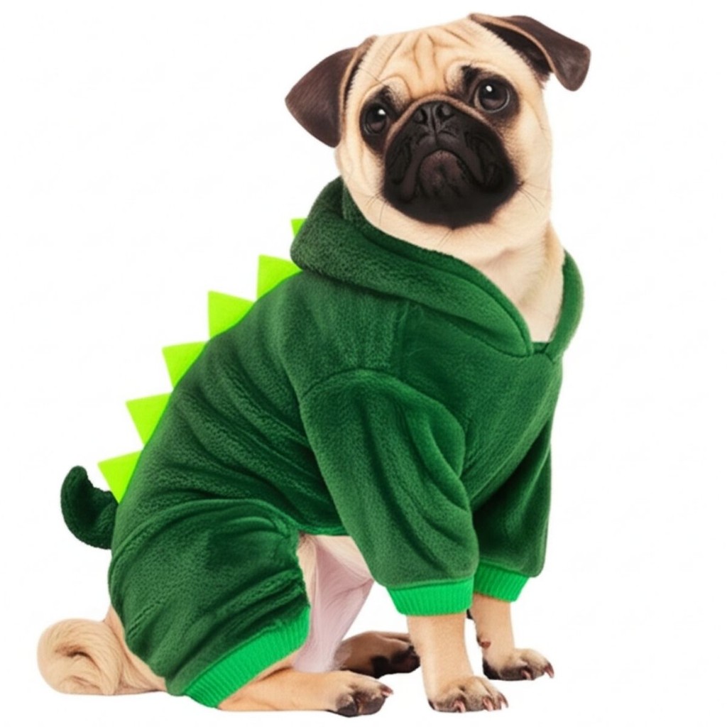 Roupa de Cachorro Gato Pet Fantasia Dinossauro Roupinha Quente com Capuz Frio Inverno Bordado
