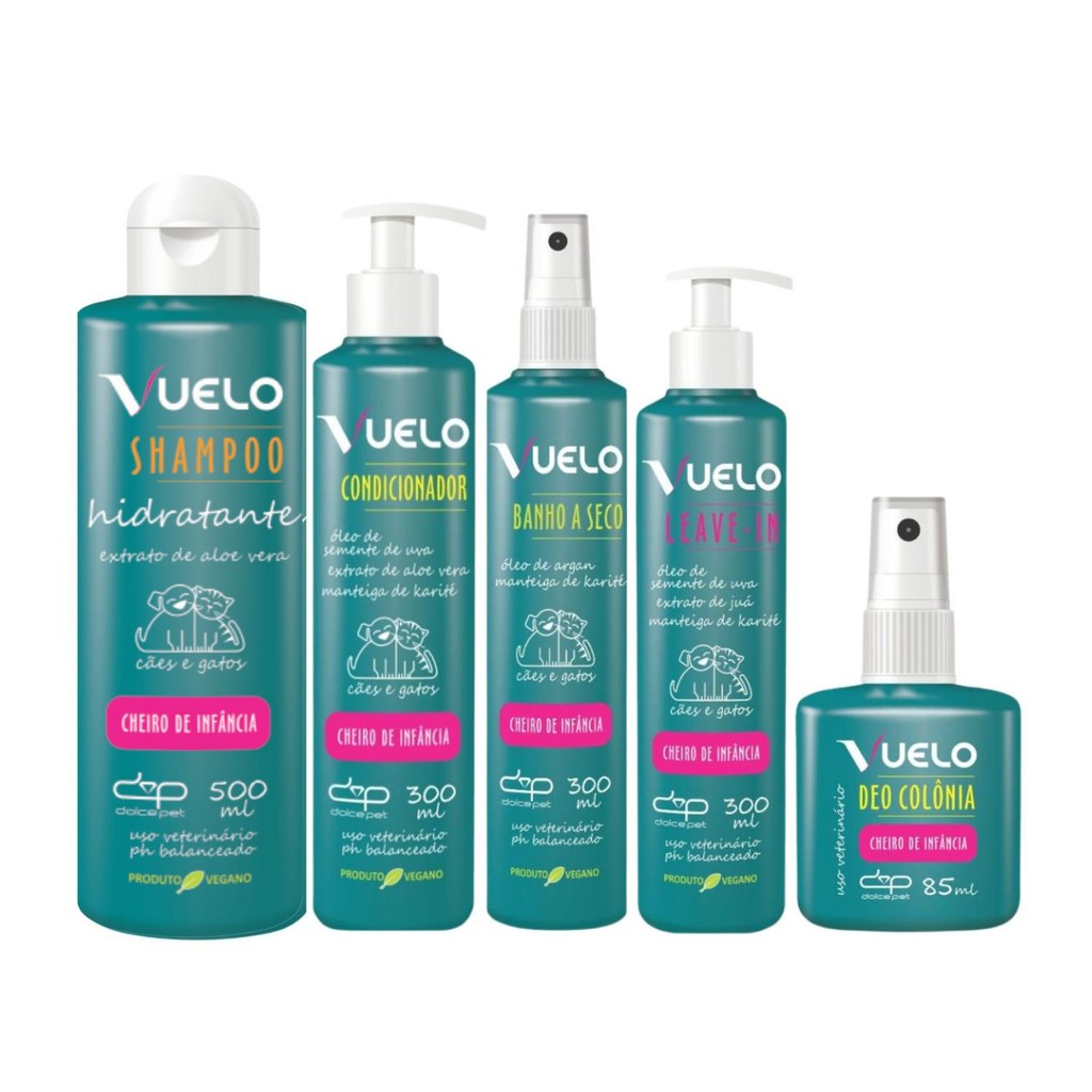 Kit Dolce Pet Shampoo Hidratante + Condicionador + Banho á Seco + Leave-in + Perfume Cheiro Infância