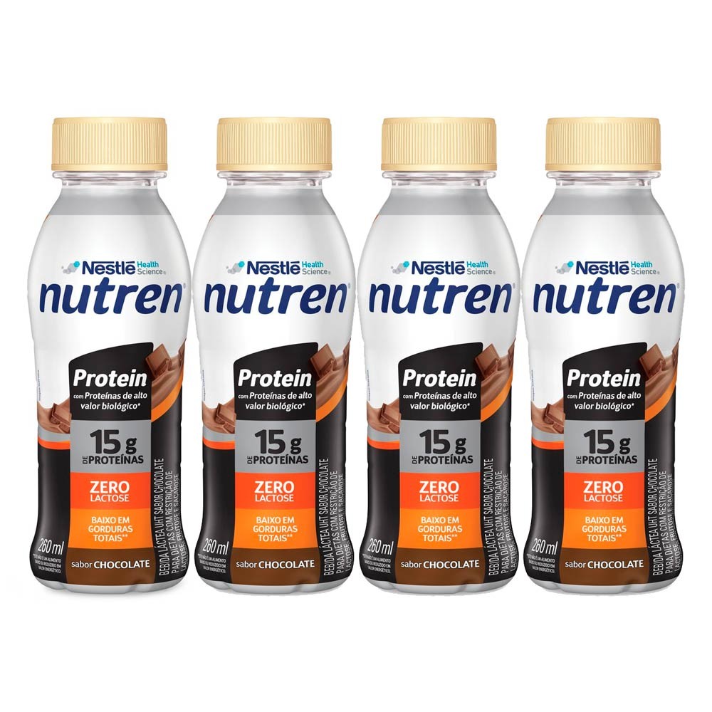 Kit 4 Nutren Protein 15g de Proteínas Sabor Chocolate Zero Lactose 260ml - Health