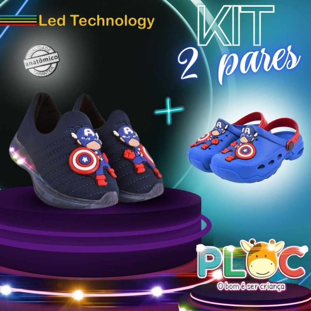 KIT 2 PARES PLOC - 1 TÊNIS LED + 1 BABUCHE CAPITÃO BABY (LED50 - MARINHO CAPITÃO BABY + Bab50 - Capitão Baby - Azul)