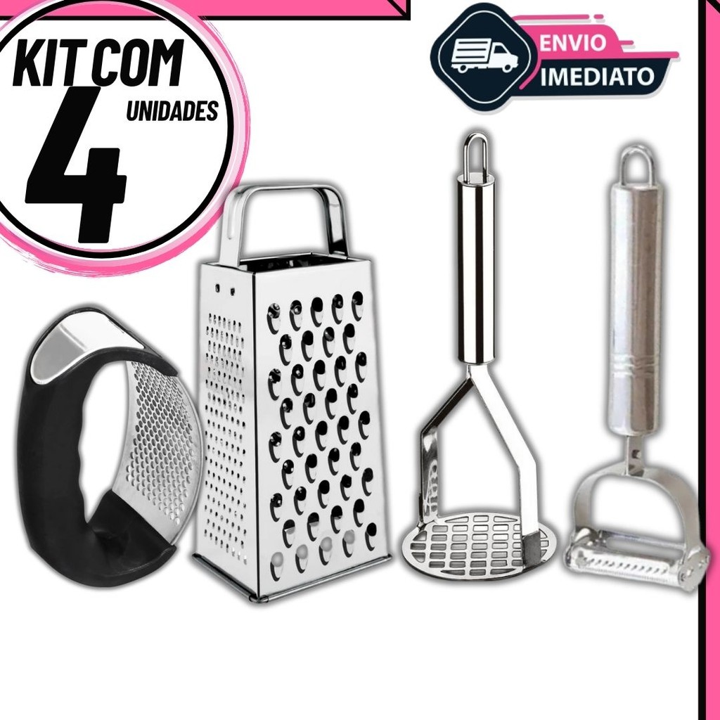 Kit 4 Utensílios de Cozinha Amassador de Batata e Alho Descascador de Legumes e Ralador Inox em Oferta na Shopee