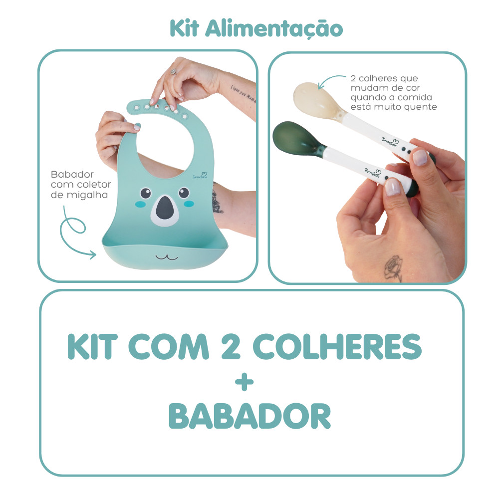 Kit com 2 Colheres + Babador Verde em Oferta na Shopee