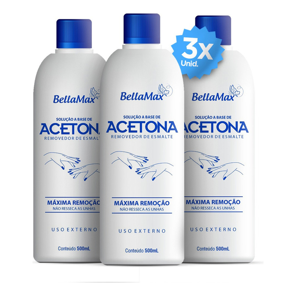 Kit 3 Unidades De Acetona  500ml Base Sem Manchas Vegetal Para Unhas Manicure Pedicure Bellamax