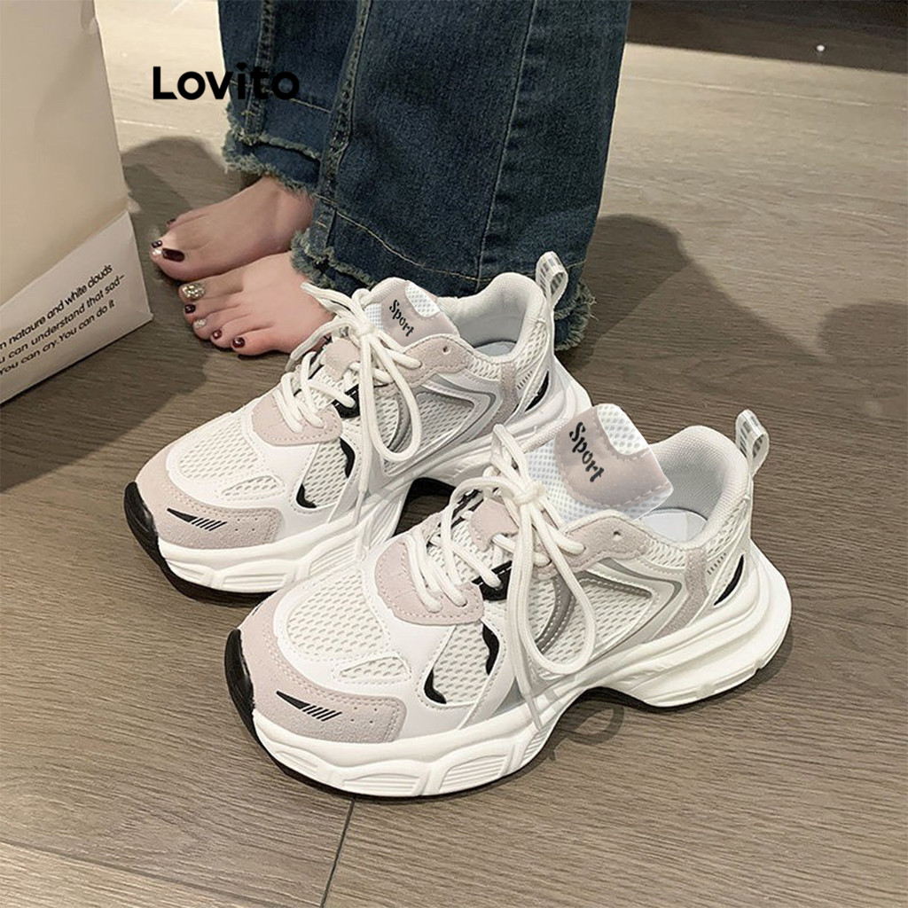 Lovito Casual Tênis Feminino Liso Respirável e Leve de Sola Alta Branco Combina com Tudo para Outono e Inverno LFA40382 - Women Shoes
