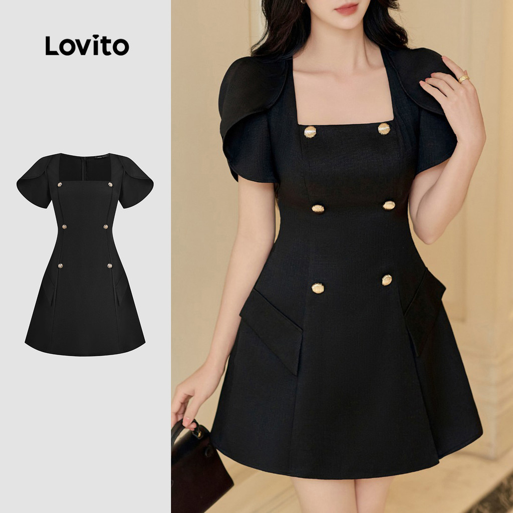Lovito Vestido Elegante com Babados e Botões Duplos, Preto, Primavera/Verão, Mulheres L134ED199 em Oferta na Shopee