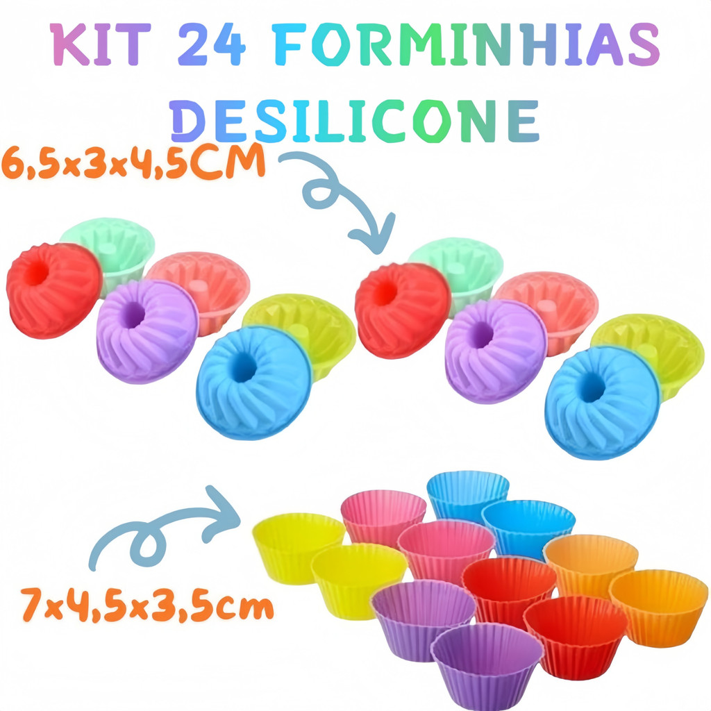 Kit 24 Forminhas De Silicone Para Bolinho Cupcake 7x4.5x3.5 E 6,5x3X4,5 Multiuso Coloridos