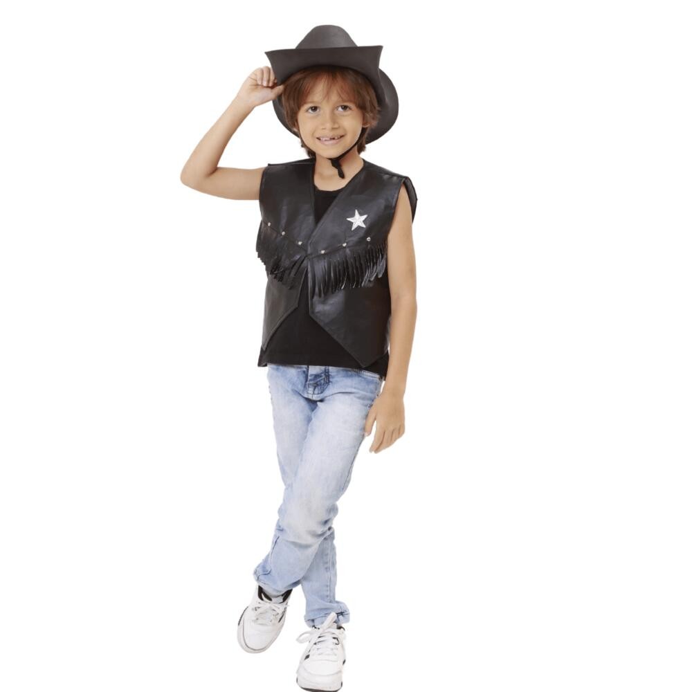 Fantasia Cowboy Infantil Preto Chapéu E Colete Com Franjas - Baby & Kids Fashion
