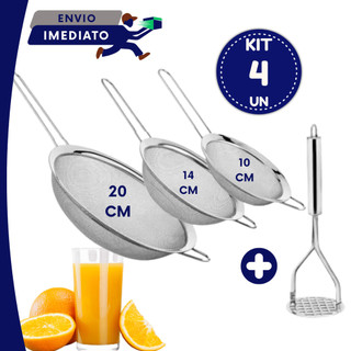 Jogo Peneiras Inox 16 18 20cm com Amassador de Batata 3 4 Unidades 