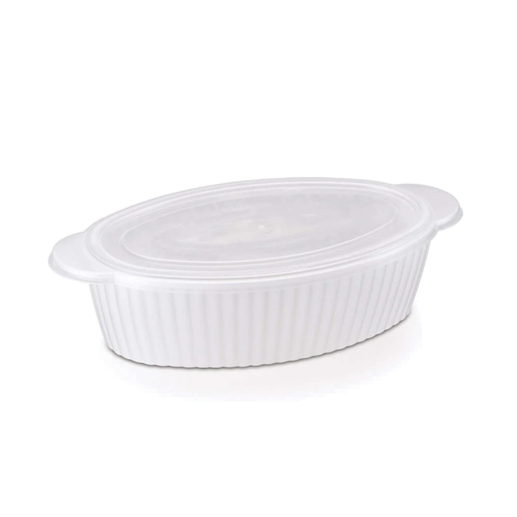 TRAVESSA OVAL CANELADA MÉDIO COM TAMPA 1.25 LITROS BRANCO - Home & Living