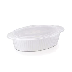 Travessa Oval Canelada com Tampa 1,25L Branco para Cozinha Preparo de Alimentos Uso Doméstico