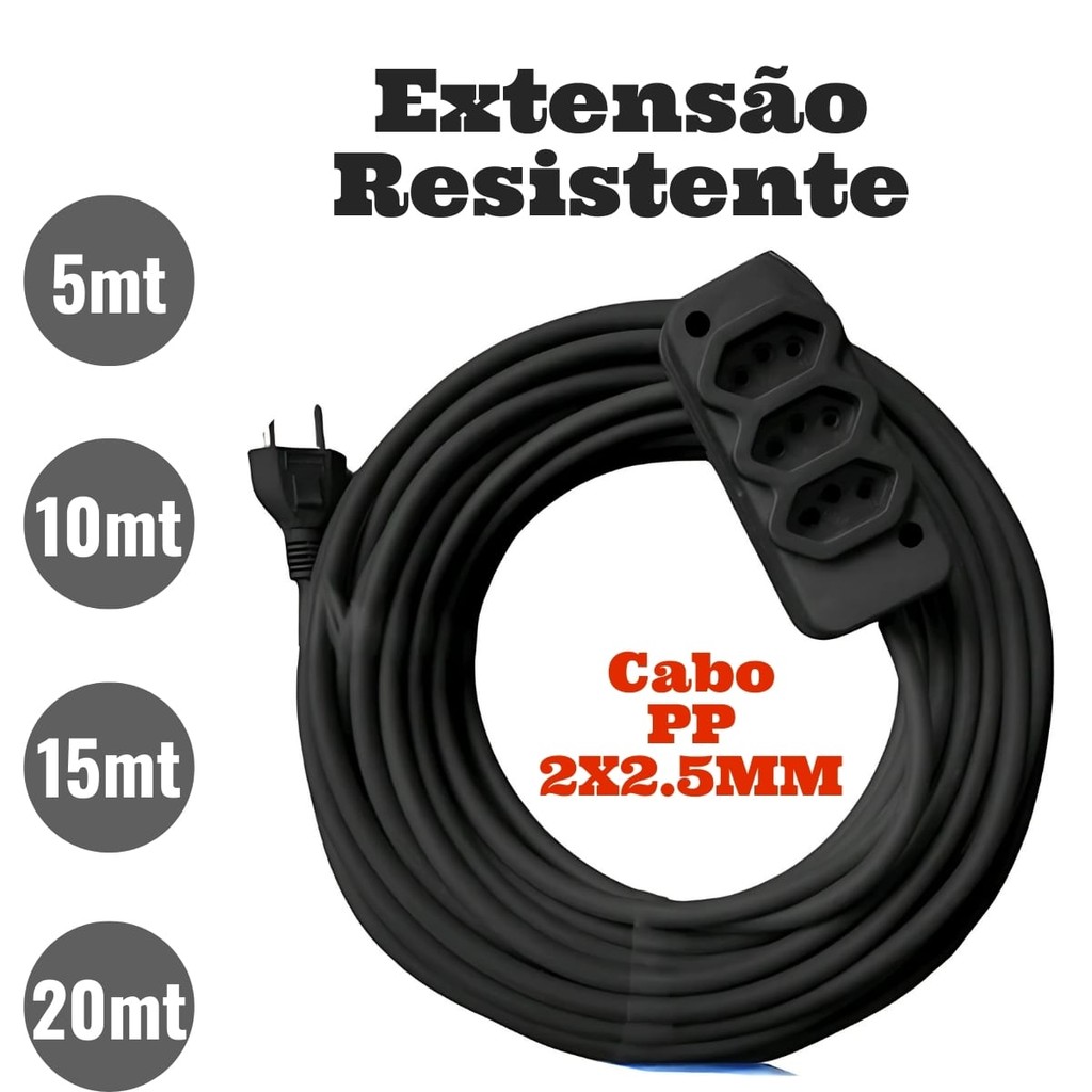 Extensão Cabo PP Reforçada Industrial Cabo 2,5 Grosso e resistente  5/10/15/20 Metros