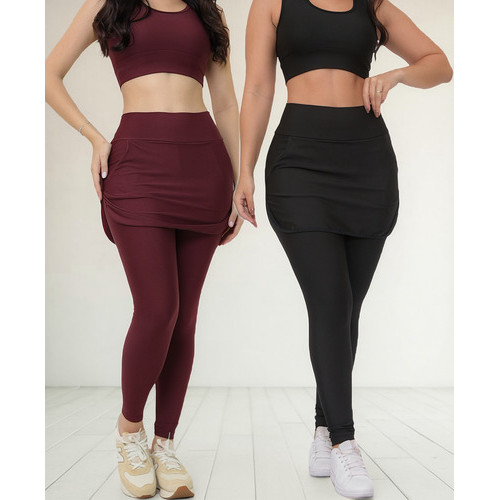 Kit Calça Legging Fitness Feminina Alta Longa - Saia 2 Unid.