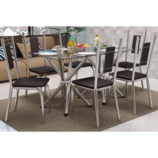 Sala de Jantar Completa Volga c/ Tampo de Vidro 150x80cm e 6 Cadeiras Florença Cromada - Preto - Kappesberg em Oferta na Shopee