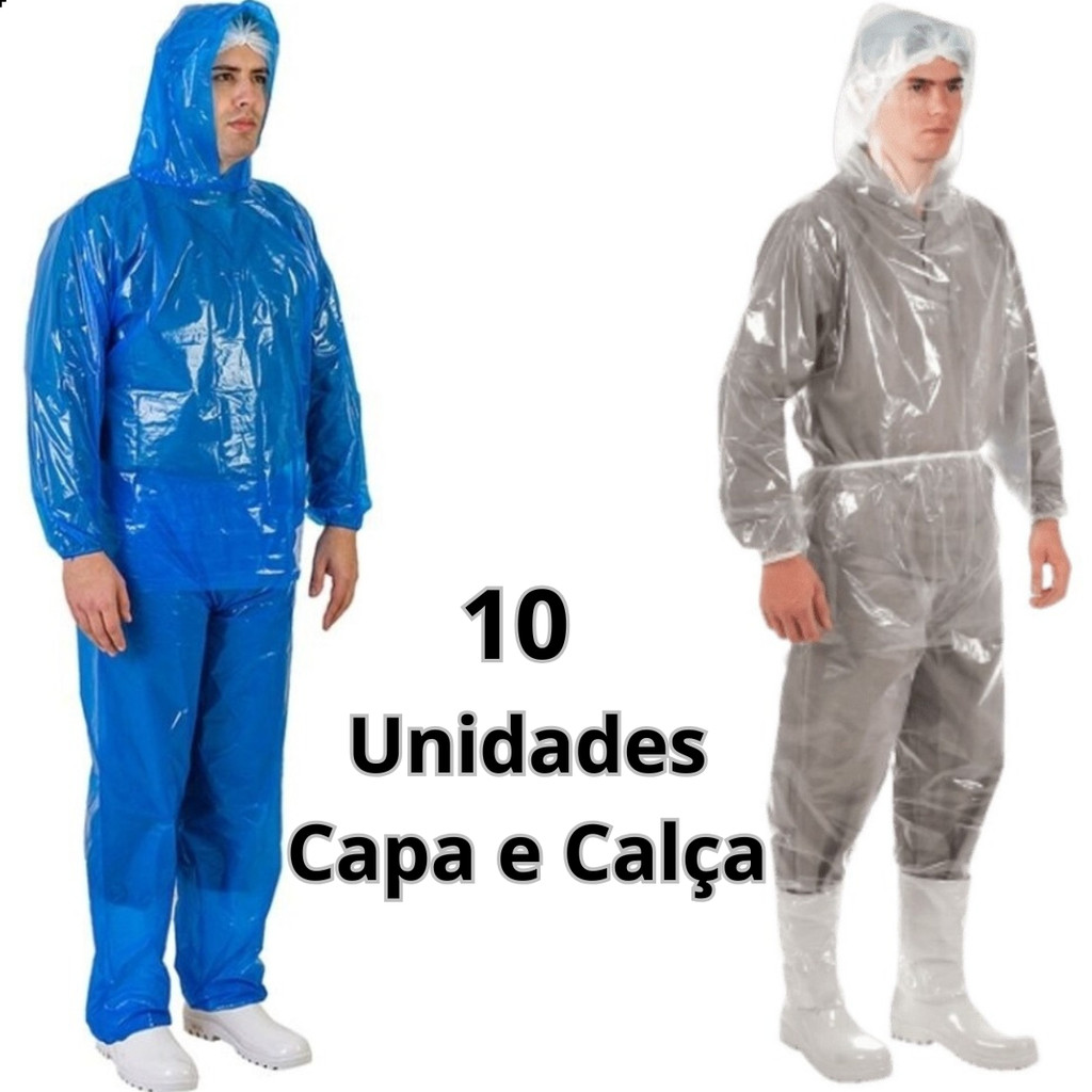 Conjunto Plástico Com Elástico Impermeável Capa Chuva (Capa com Capuz e Calça) - 10und