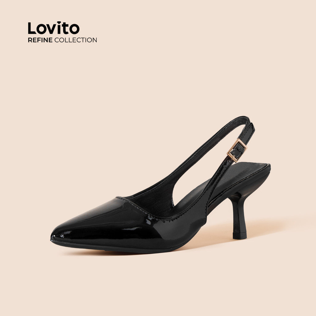 (Lovito Refine) Elegante mulher lisa couro envernizado preto ponta pontiaguda salto agulha para mulheres LFAR10401 - Women Shoes