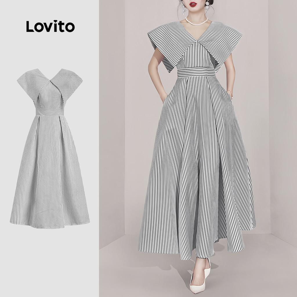 (Trendy) Lovito Elegante Listrado Retro Estrutura Linha Verão Primavera Vestido Preto E Branco Para Mulheres L134ED207 em Oferta na Shopee