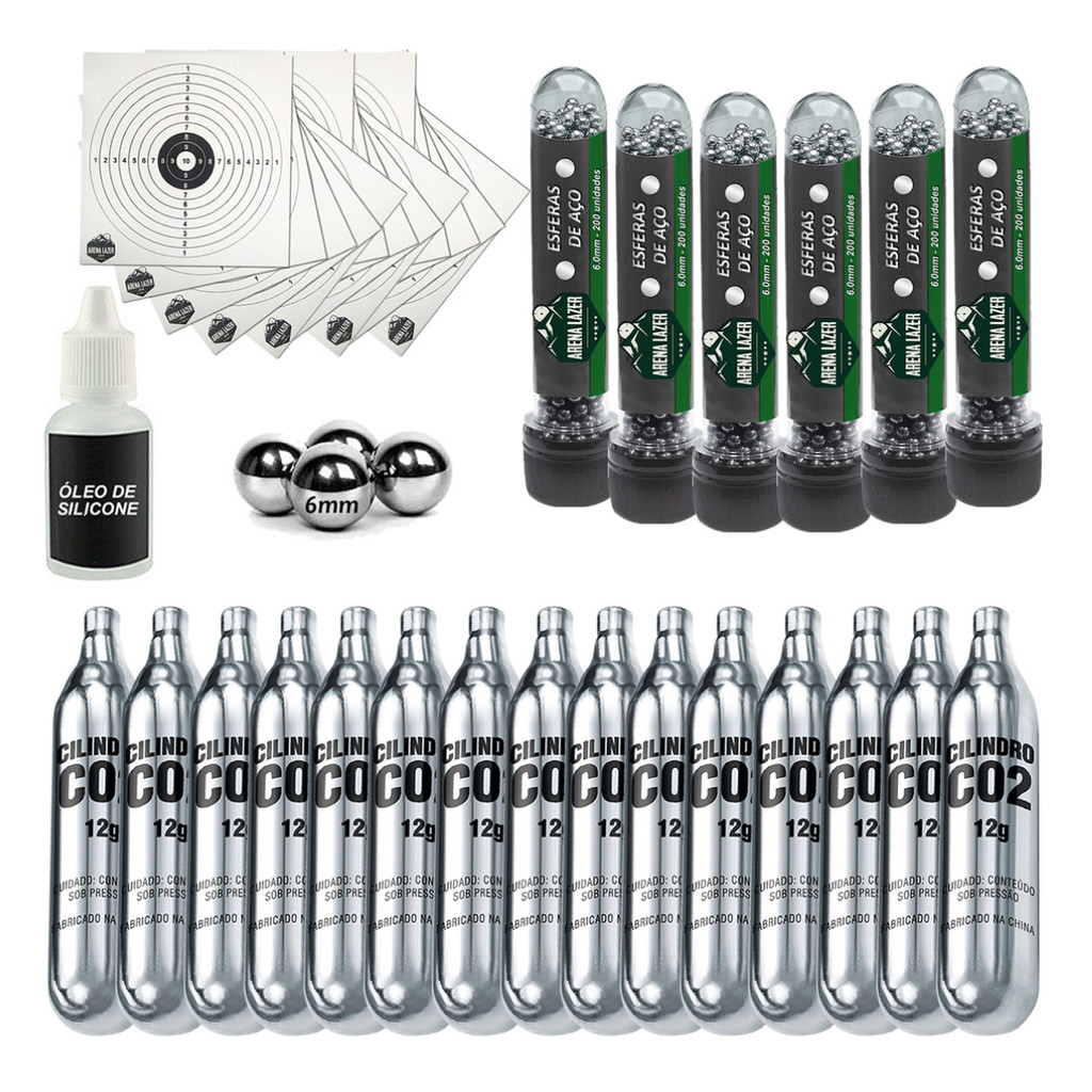 Kit CO2 12g 15un + 1200 Esferas Aço 6mm + 50 Alvos 14x14cm + Silicone Lubrificante Airgun Pistola