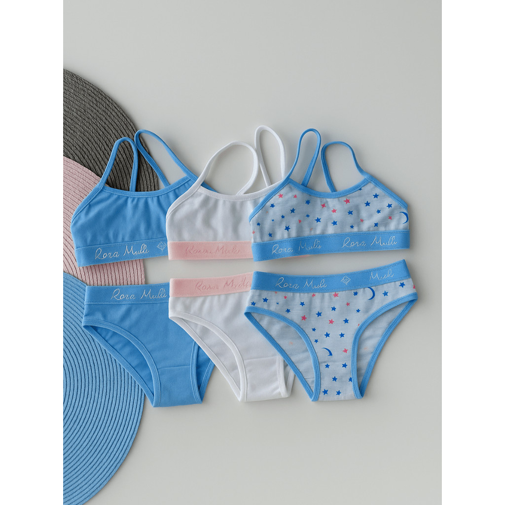 Kit 3 Conjunto Juvenil Feminino com Top e Calcinha em Algodão Cores Sortidas Kit 3 Conjunto Juvenil Feminino com Top e Calcinha em Algodão Cores Sortidas