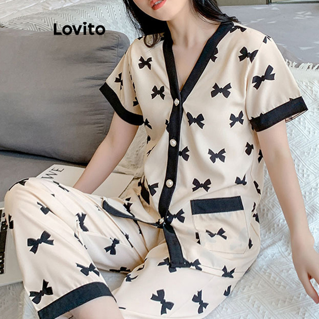 Lovito Conjuntos casuais de pijama com laço borboleta para mulheres LNA77877 - Women Clothes