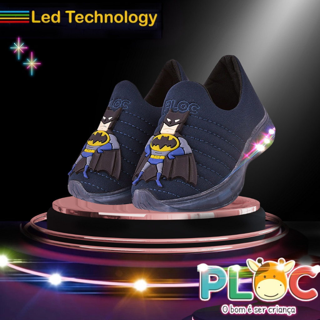 Tênis Led Infantil Luzinha Menino Meia Calce Fácil Leve Flexível Confortável Anatômico PLOC LED43 - MARINHO BATMAN BABY