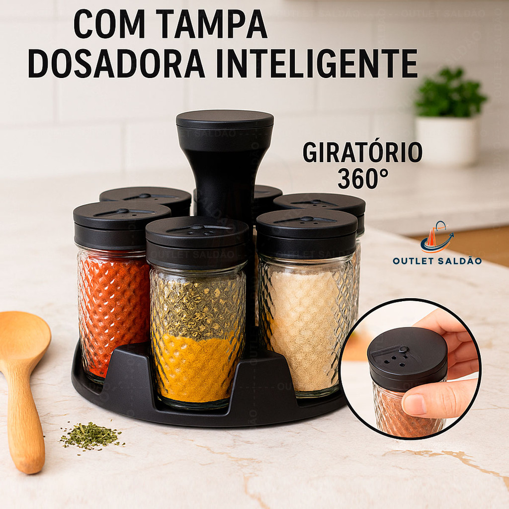 Kit 6 Porta Condimentos Temperos Especiarias de Vidro + Suporte Giratório 360°
