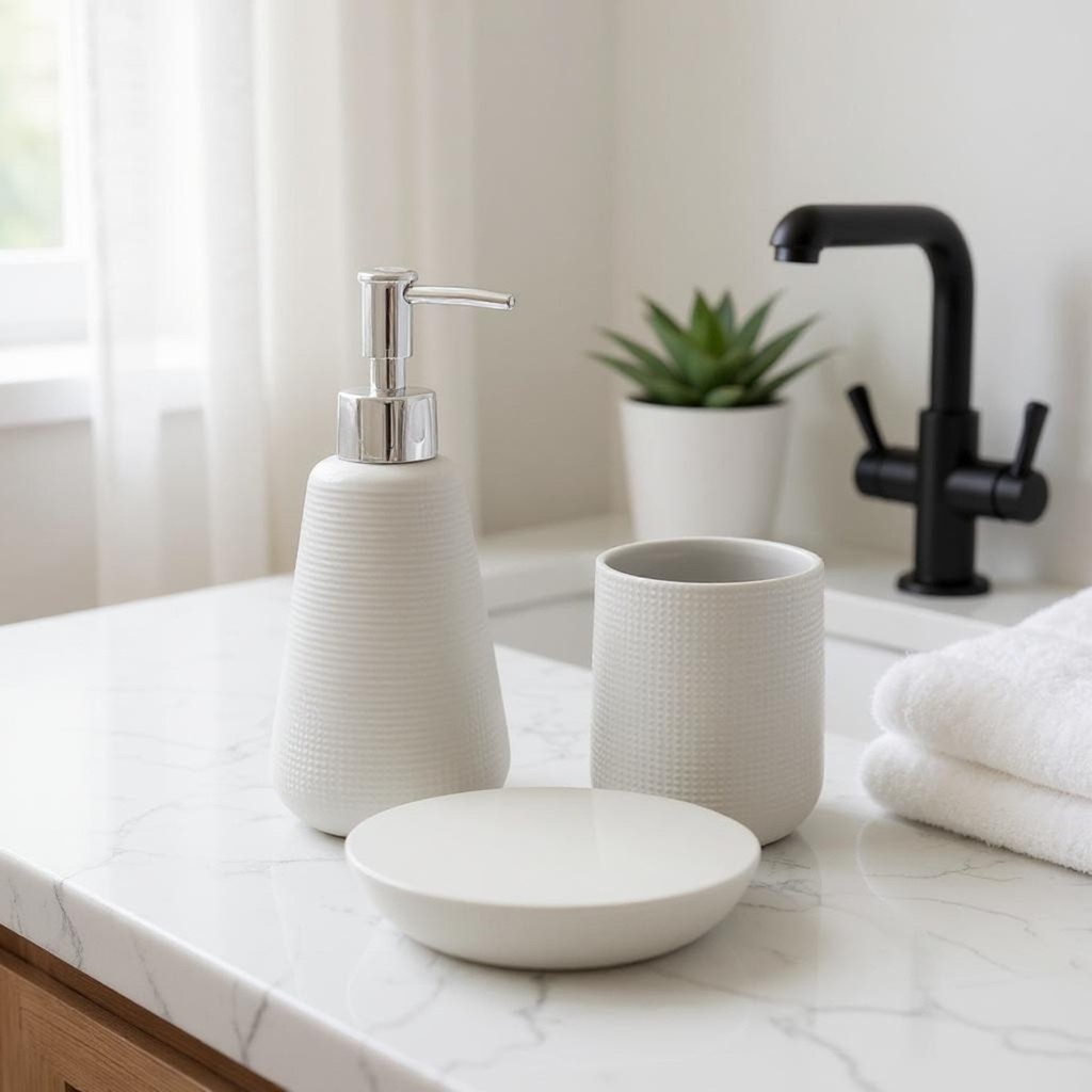 Kit Banheiro Lavabo Branco 3 Pçs Cerâmica Acessórios Serenus em Oferta na Shopee