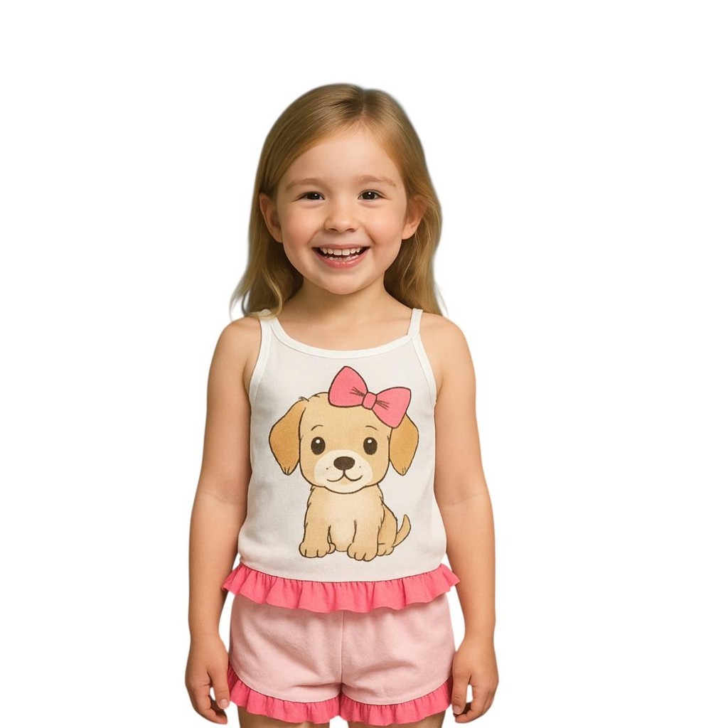 Pijama Baby Doll Infantil Menina Verão Alcinha Babadinho De Malha Barato Estampa Sortida