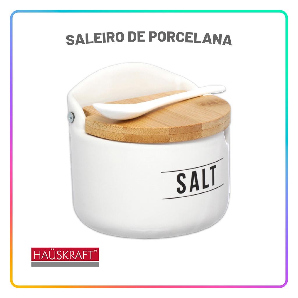 Saleiro de Porcelana Branco 290ml Tampa de Bambu com Colher Mesa Posta Cozinha Moderna Hau...