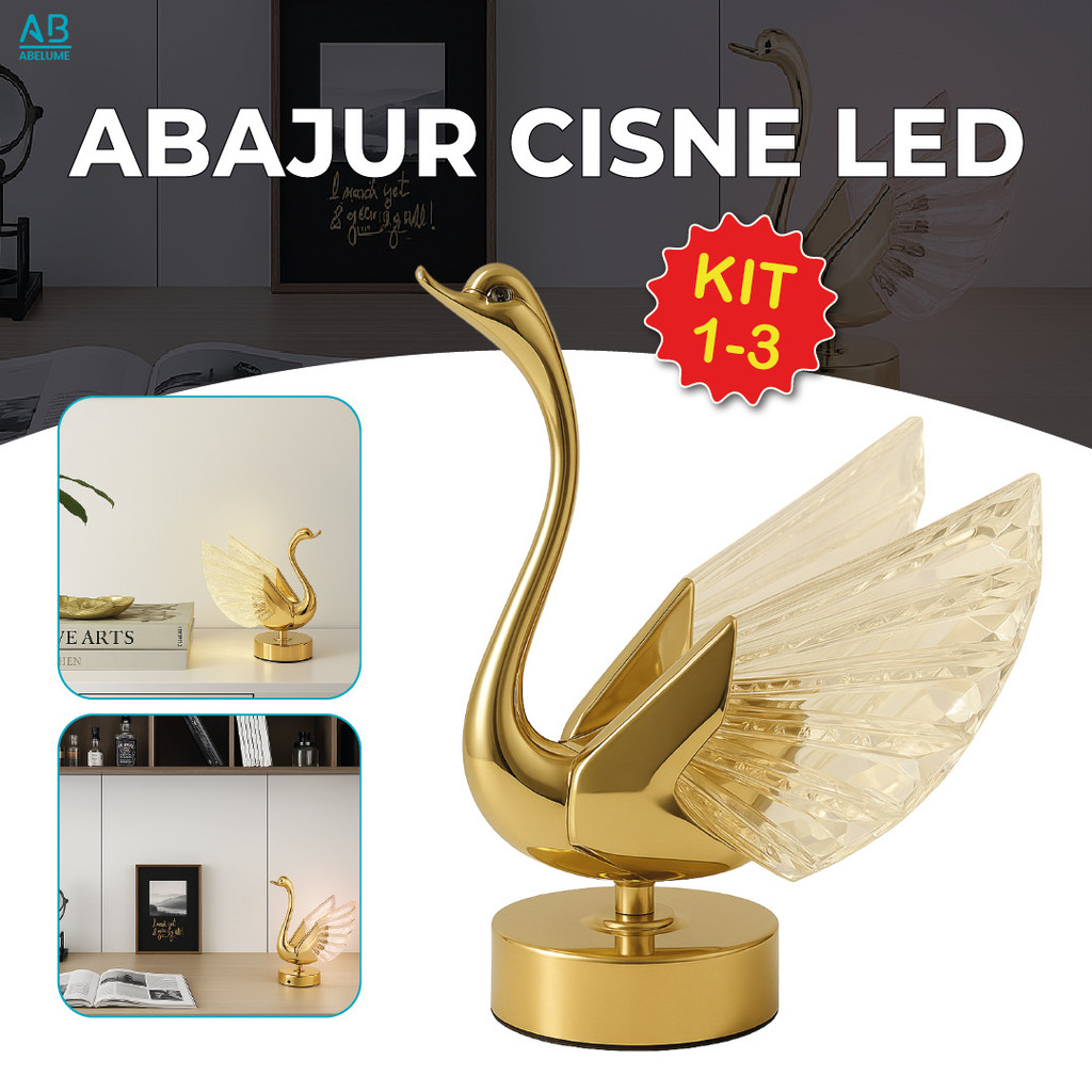 Kit1/2/3 Luminária Abajur Cisne de Cristal Luxuoso Dourado Led Moderno Luz Quente Bivolt