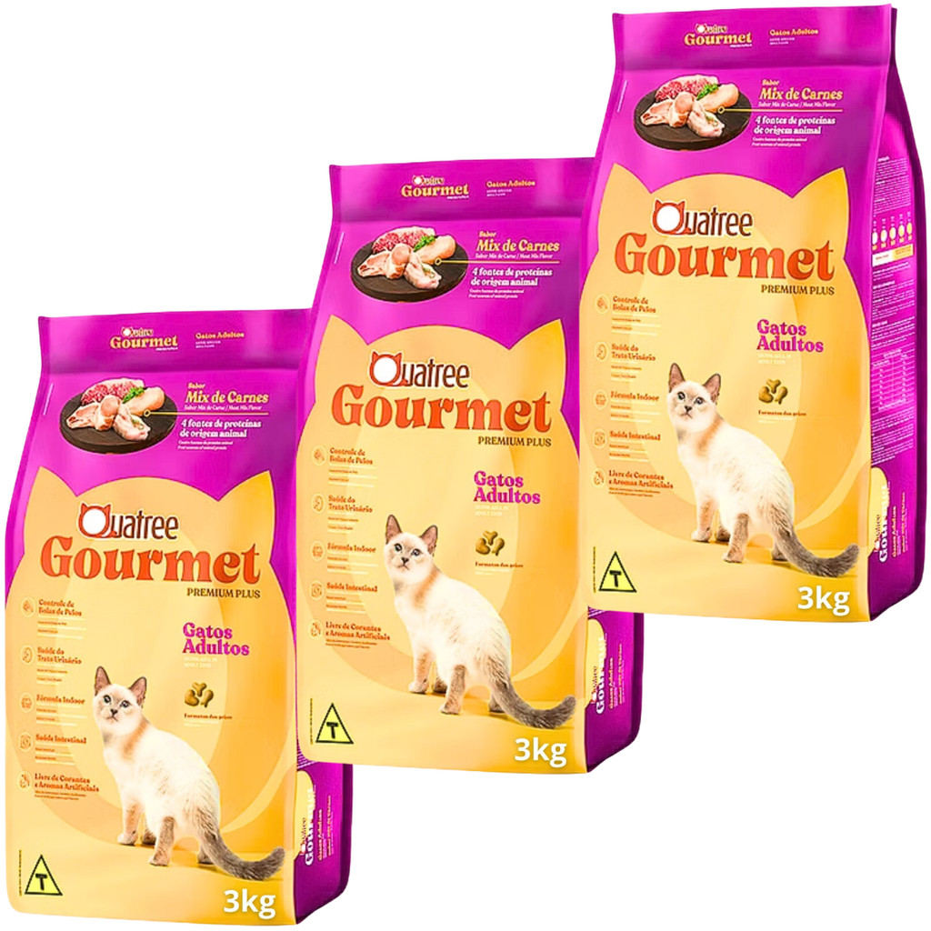 Kit 3 Quatree Gourmet Gatos Adultos Mix de Carnes - 3Kg