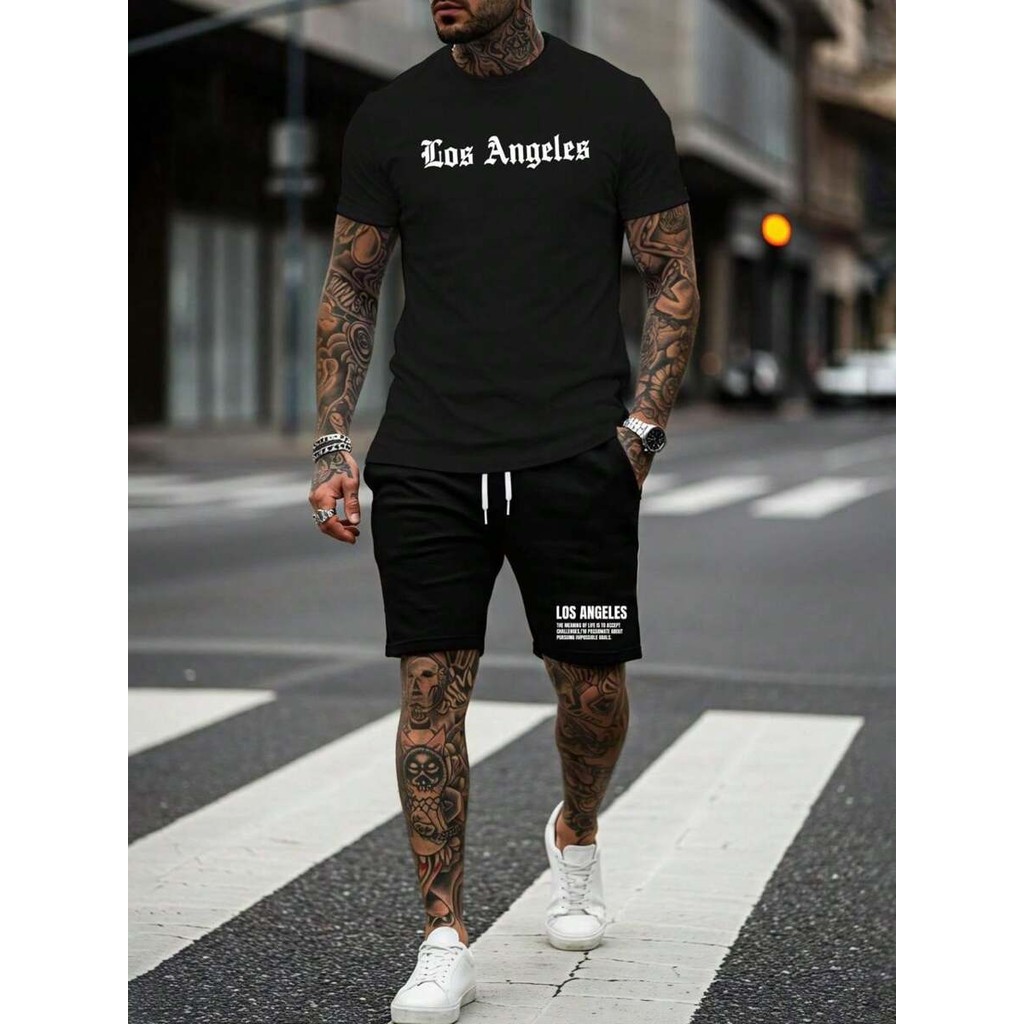 Conjunto Masculino Camiseta e Short Los Angeles Camisa Importada Malha 100% Algodao Short Moletinho Com Bolso Casual