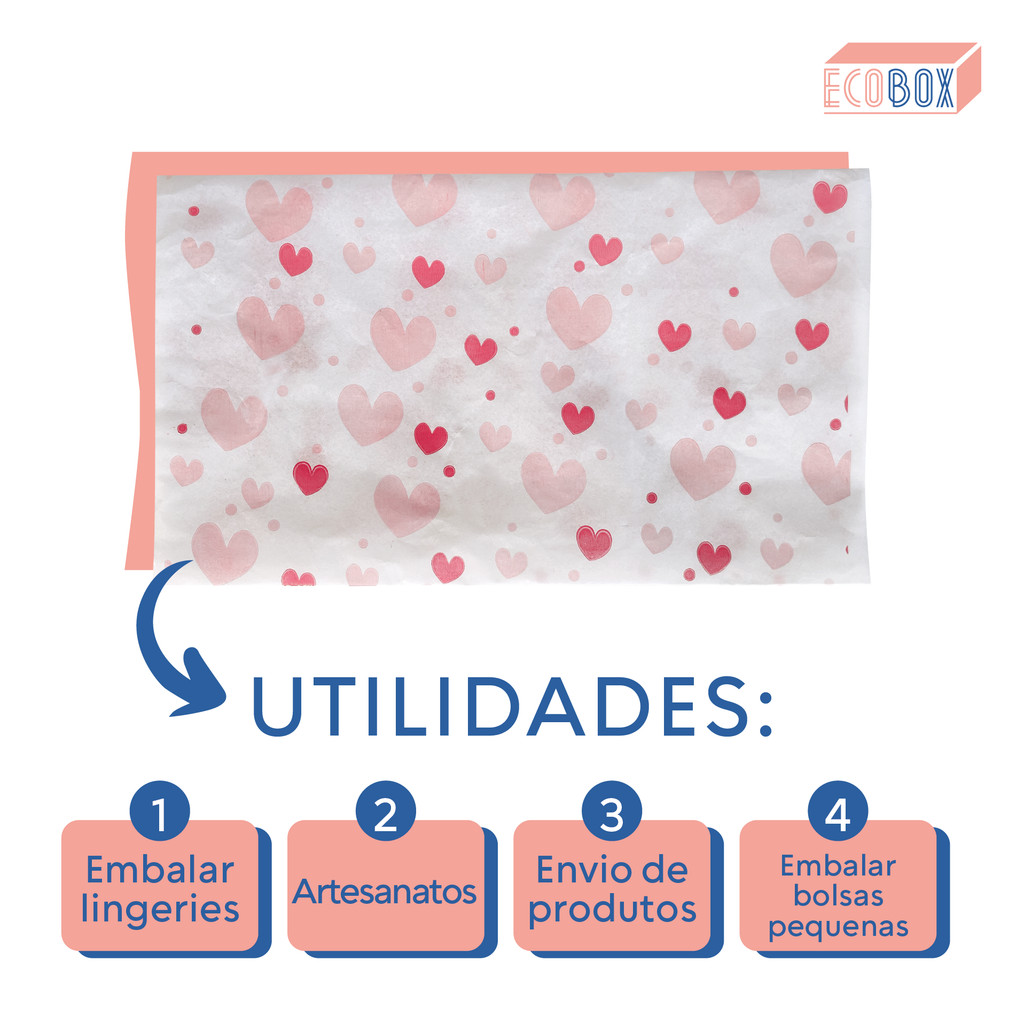 Papel De Seda Premium Estampa Corações Rosa Bebê e Vermelho 25x35cm Embalagem Presente Doces e Bijuterias