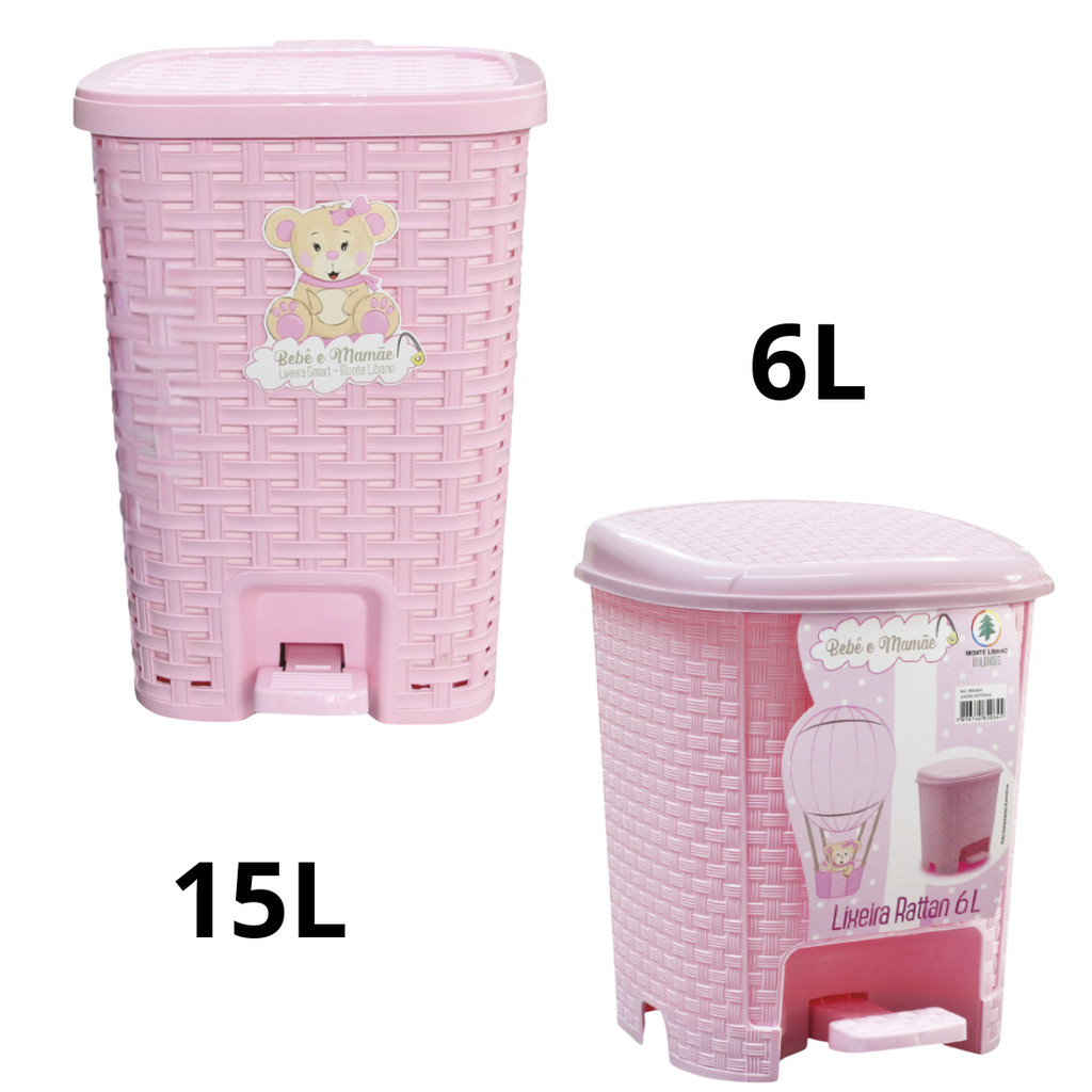 Kit Com 1 Lixeiras De Smart Com Cesto Interno 15L + 1 Lixeira 6L Rosa Bebê & Mamãe Monte Libano