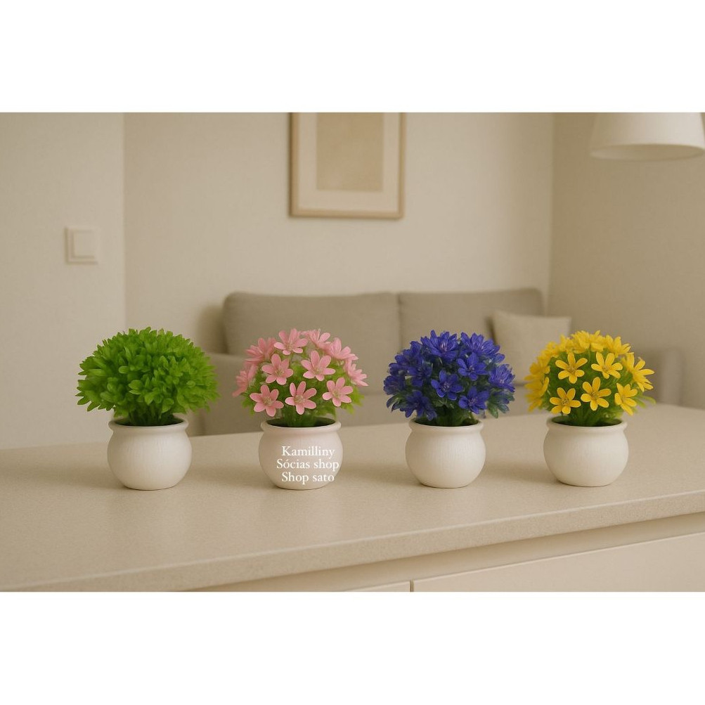 Arranjo Vasinho Redondo com musgo e Flores Artificias Mini Bonsai Bola Enfeite