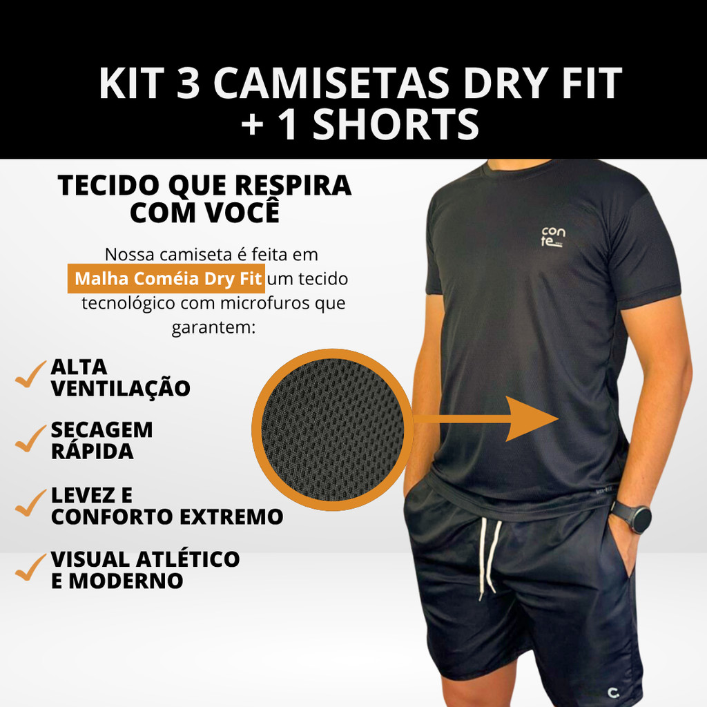 KIt  3 Camisetas  Dry fit masculina Esportivas  + 1 Shorts  Mauricinho Academia Casual treino praia  Masculino
