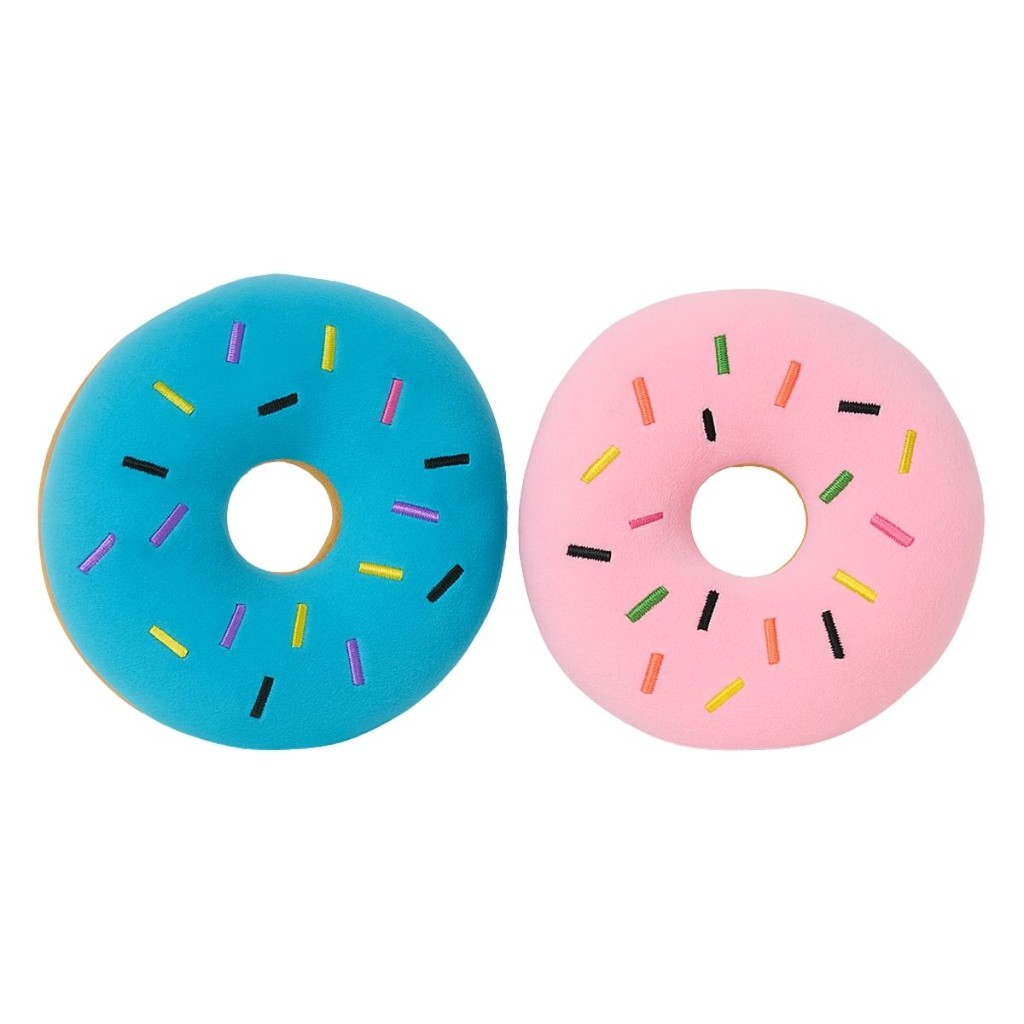 Kit 2 Brinquedo de Cachorro Donuts Rosquinha Pelúcia Rosa e Azul Mordedor com Apito Som Bordado