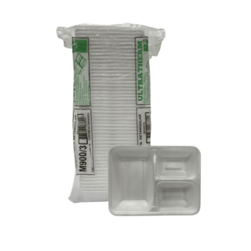 Marmitex de Isopor 900ml Retangular sem tampa 3 divisórias com 300 unidades