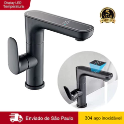 Torneira de Lavatório com Display de Temperatura e Função LED, Bancada Misturadora Monocomando Rotação de 360