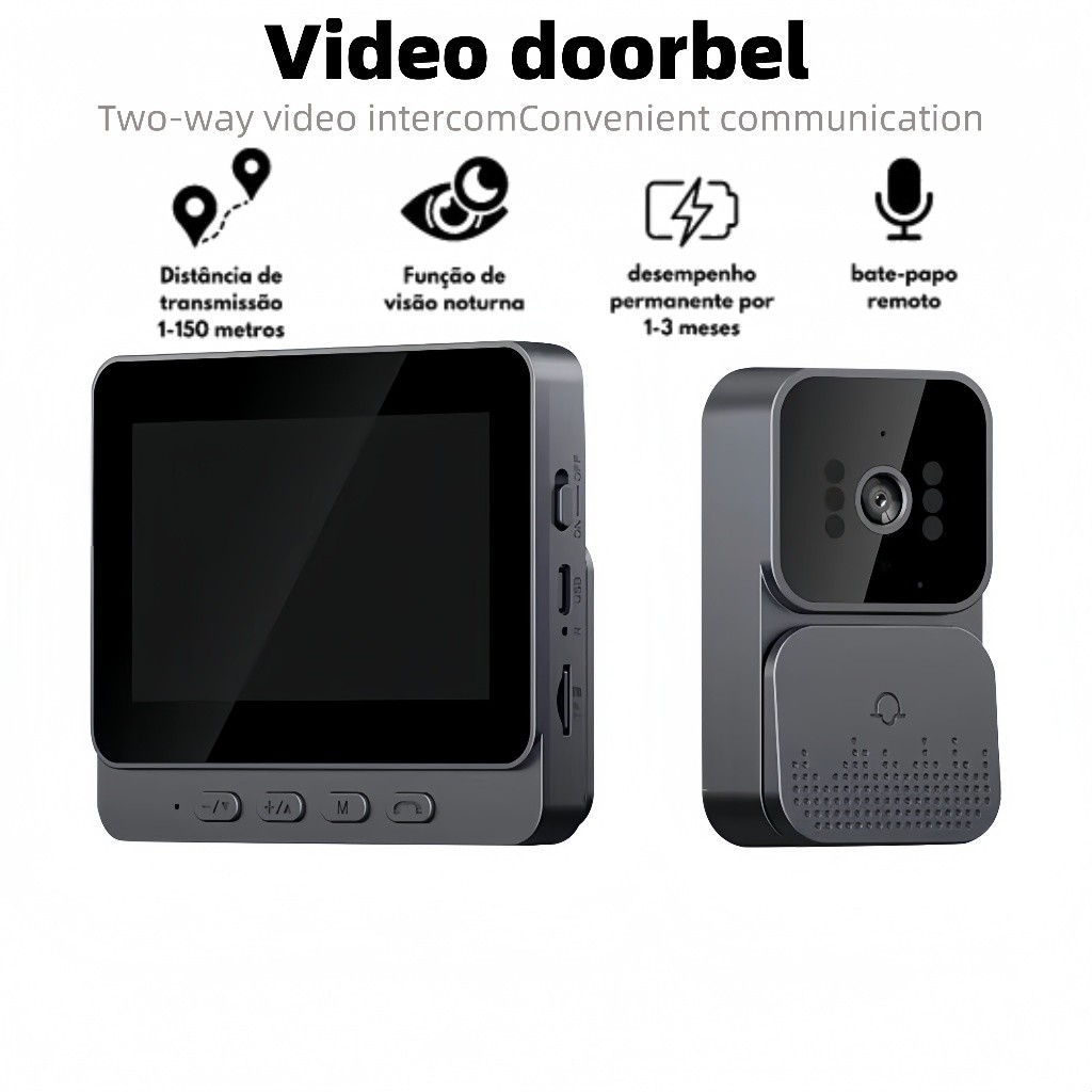 Campainha sem fio residencial com interfone de vídeo e câmera HD recarregável para casa inteligente