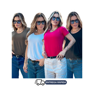 Blusa Feminina Gola V Manga Curta T-Shirt em Oferta na Shopee