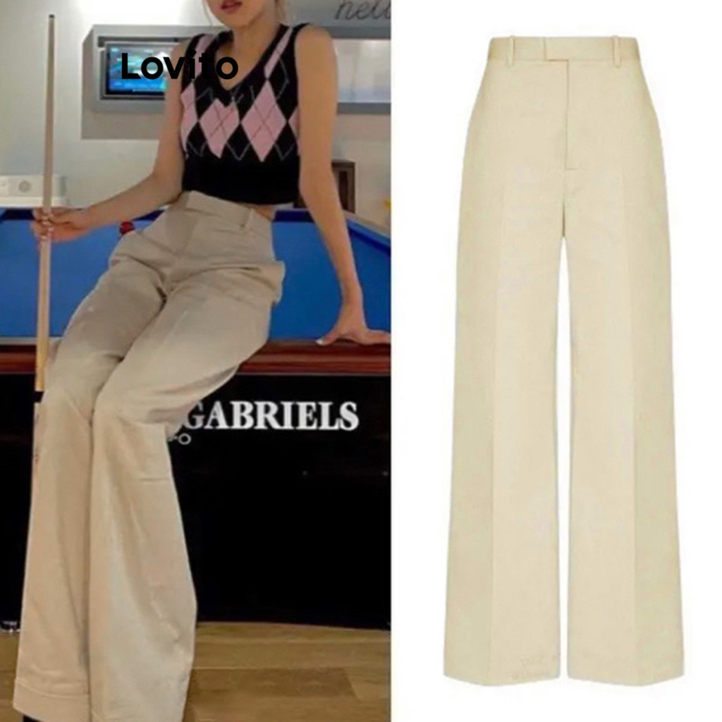 Lovito Calça Casual Calça Bolso Simples Para Mulheres L67AD135 (Cáqui)