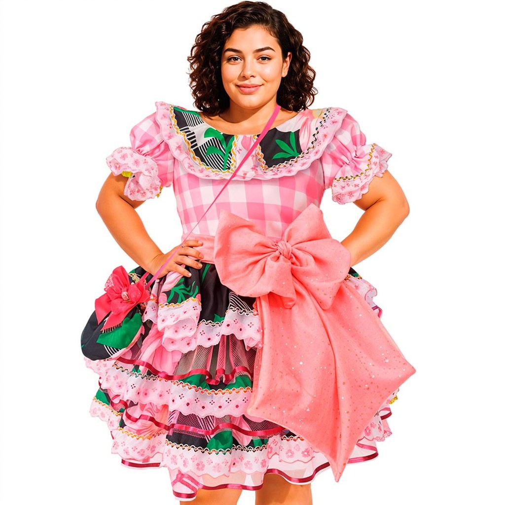Vestido Festa Junina Plus Size Adulto Feminino de Luxo Super Rodado Com Bolsa Roxo e Verde