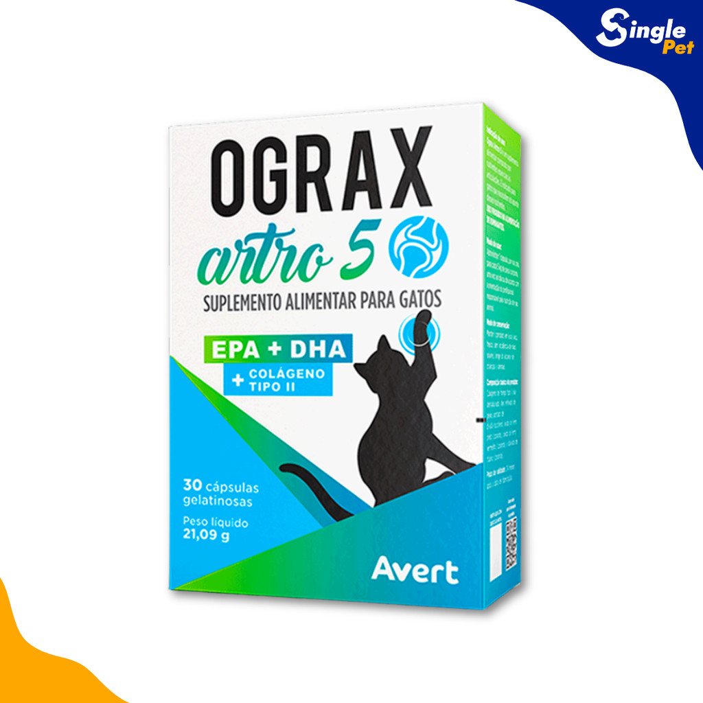 Suplemento Alimentar Avert Ograx Artro 5 Para Gatos 30 Cápsulas - Suplemento Articular com Ômega 3