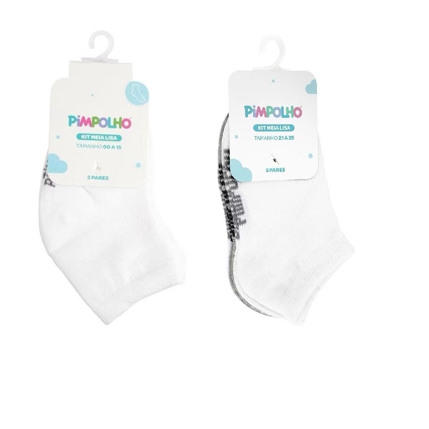 Kit 3 Pares Meia Pimpolho para Bebe Lisa 0-15 Branco Branco/Cinza Menino Menina Unissex