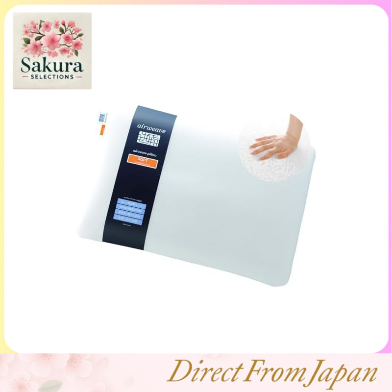 Airweave Pillow, Soft, Dimensions: approximately 56 cm wide x 40 cm long x 7-11 cm high, soft and highly resilient, washable, breathable, adjustable in height and firmness, reduces heat buildup around the head, pillow, made in Japan, model number 2-04021-