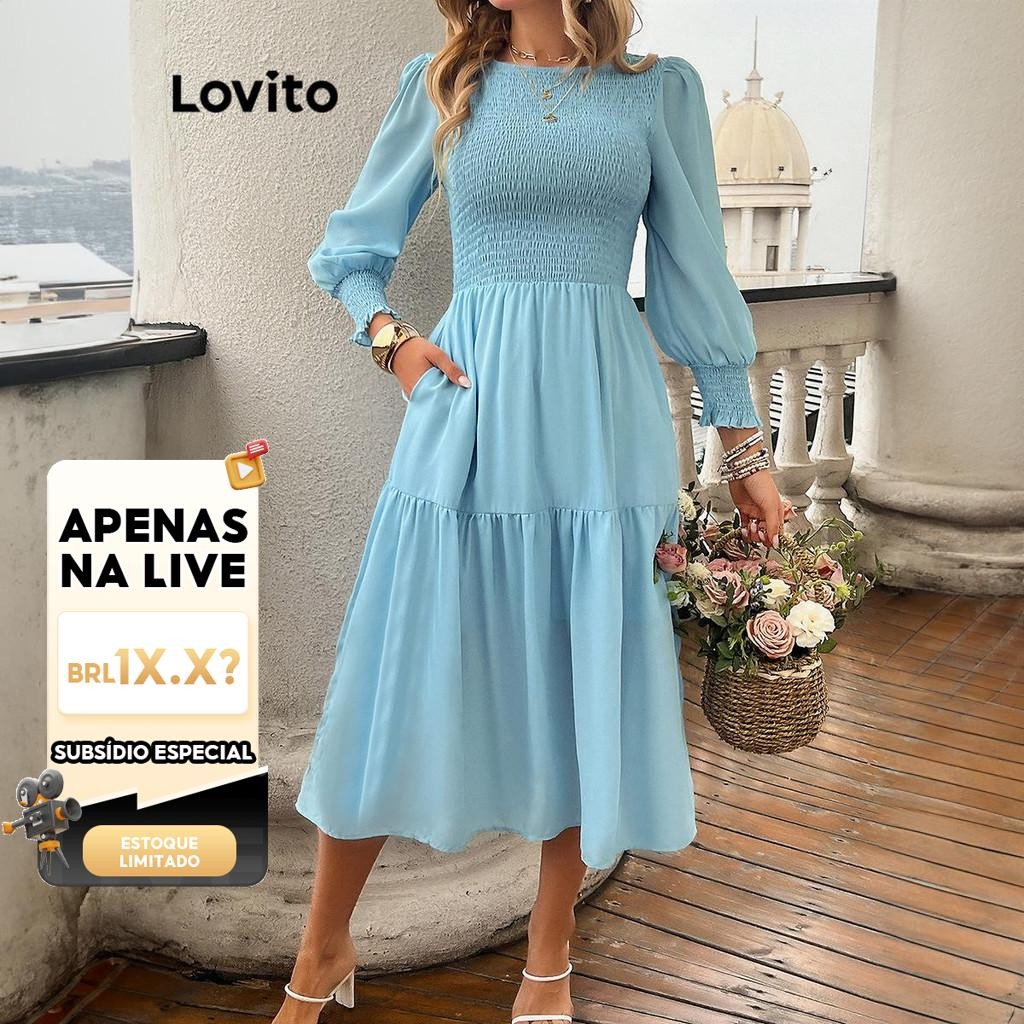 (KOL‘s pick) Lovito Vestido Casual Liso Com Babados Para Mulheres LNL67386 - Women Clothes