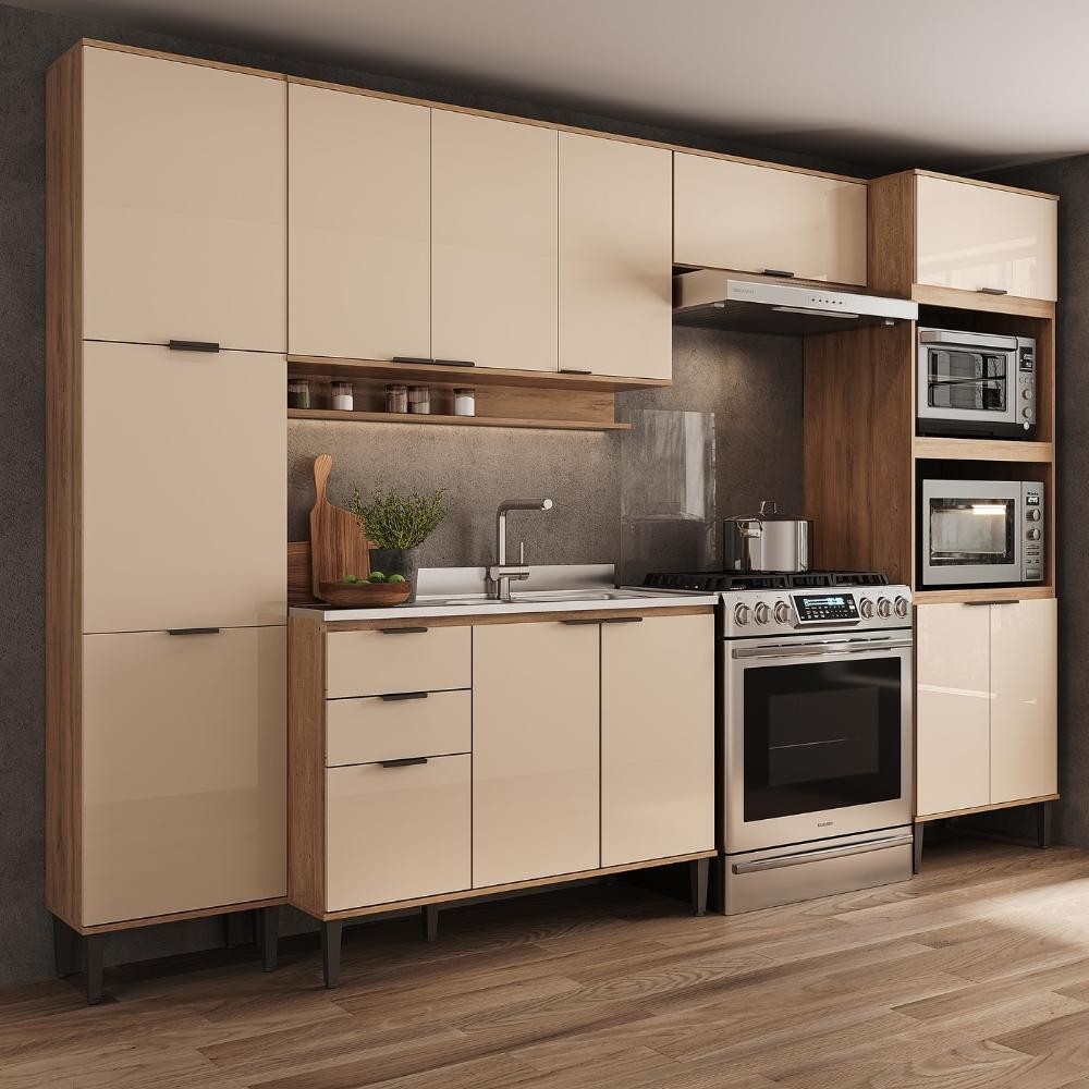 Armário de Cozinha Completa c Balcão Miami Pulse Carraro Off White c Freijó em Oferta na Shopee