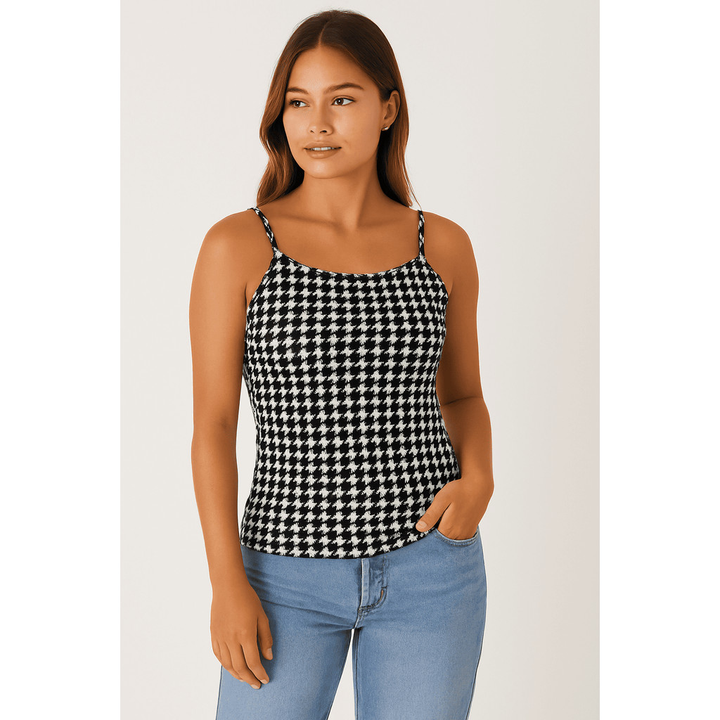 blusa feminina moderna estampa pied poule elastano alça regata confortável